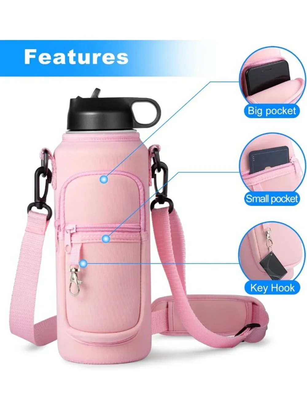 Water Bottle Holder with Strap for 32oz 40oz Hydroflask, Sling Bag with Phone